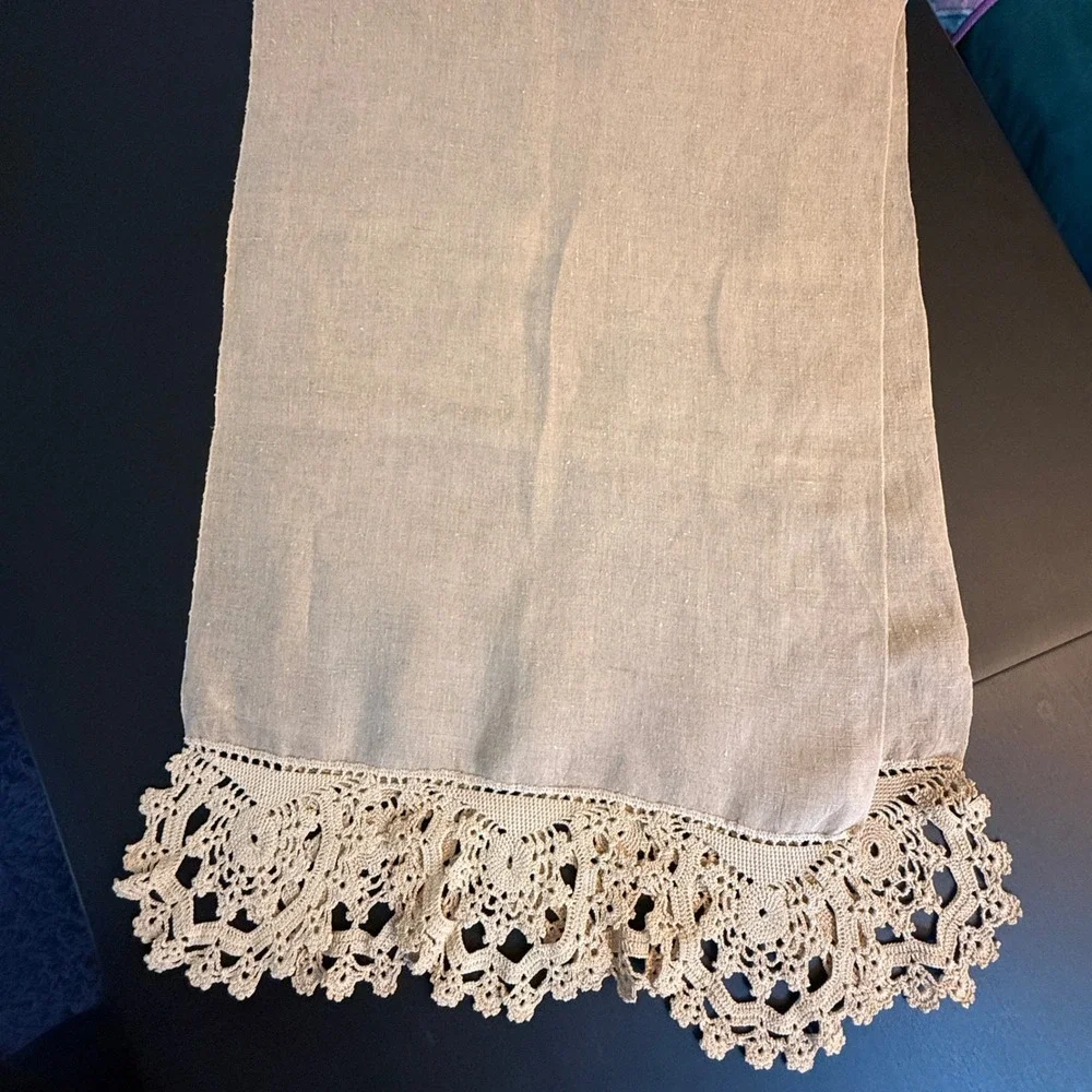 Vintage Linen Table Runner with Handmade Crochet Lace Trim Beige 52 Inch